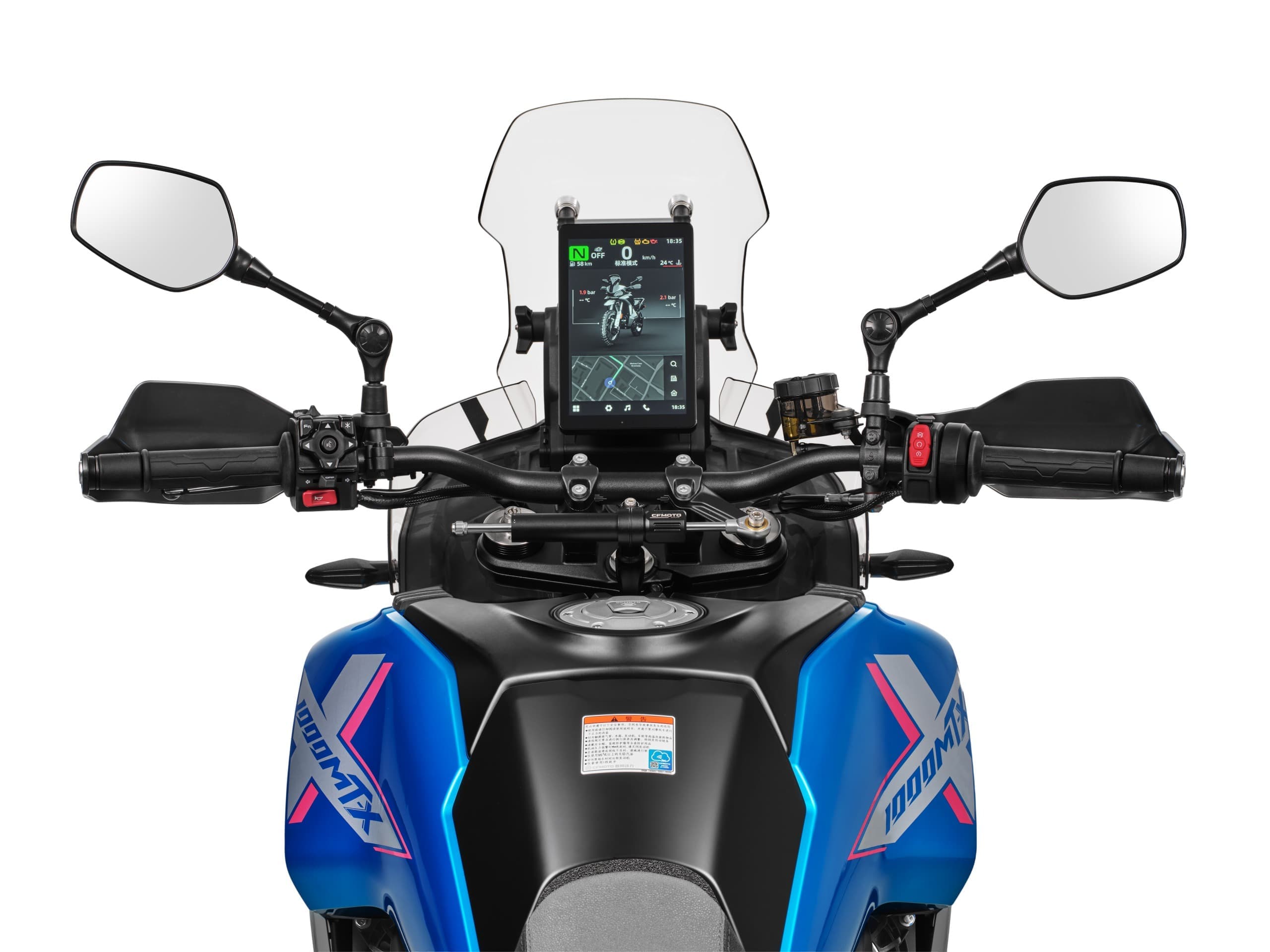 Full cockpit with tall portrait display, gear/speed, tyre-pressure graphic, map pane, switches, handguards, mirrors and steering damper is visible.