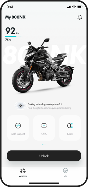 Official CFMOTO app vehicle screen with an 800NK and example readings