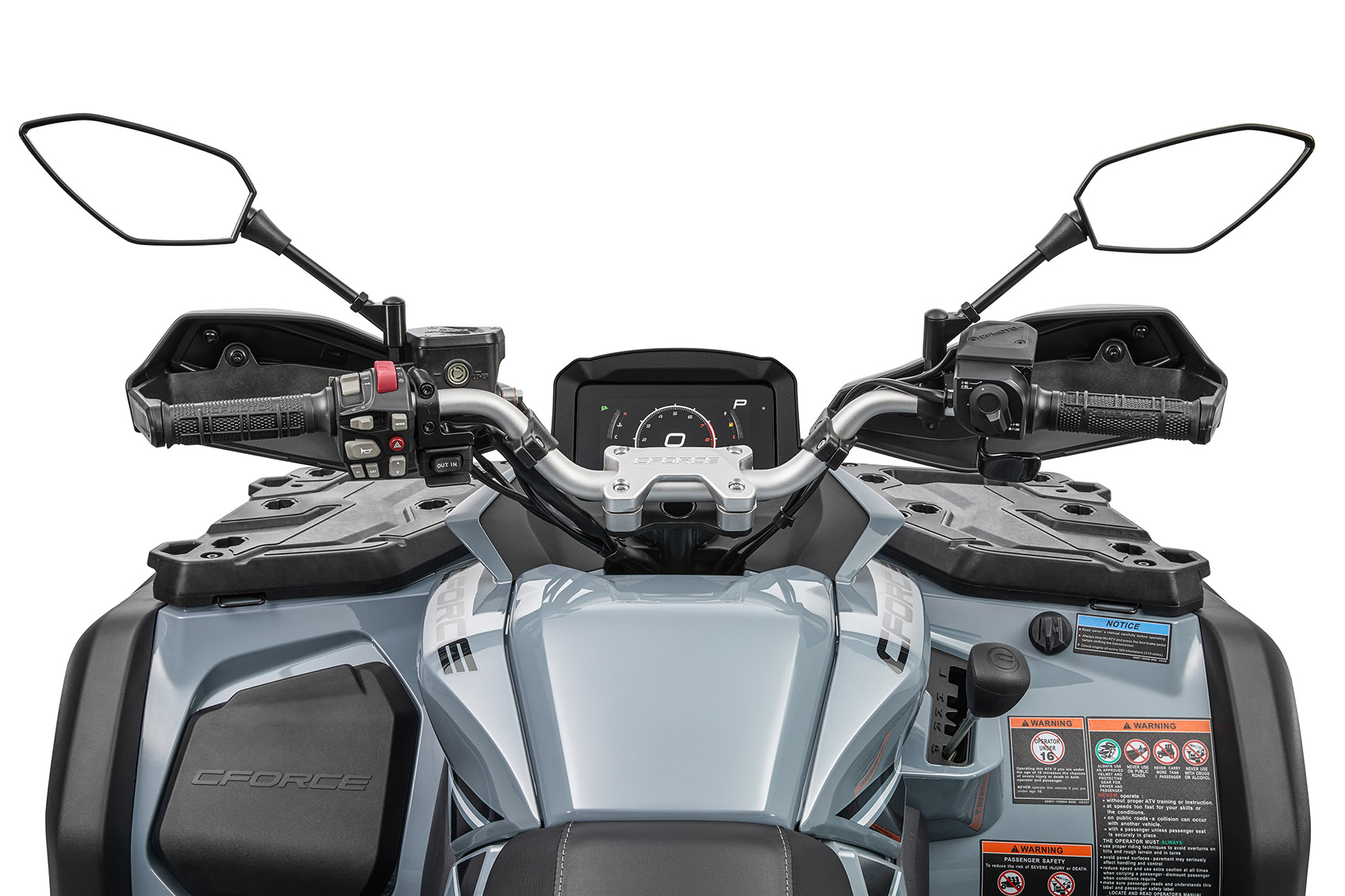 Rider-view cockpit with active landscape colour instrument, handlebar controls, handguards, mirrors, front rack and transmission selector is visible.